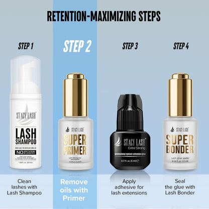 Stacy Lash Primer for Lash Extensions | Super Primer/Cleanser 15ml | Eyelash Extension Primer | Protein Oil Remover | Increase Adhesive Bonding Power Retention | Professional Lash Supplies STACY LASH