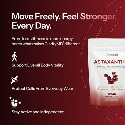 ClarityMD Astaxanthin 12mg Antioxidants Supplement – Natural Microalgae Source – Lipid-Based Softgel for Enhanced Absorption – Cognitive ClarityMD