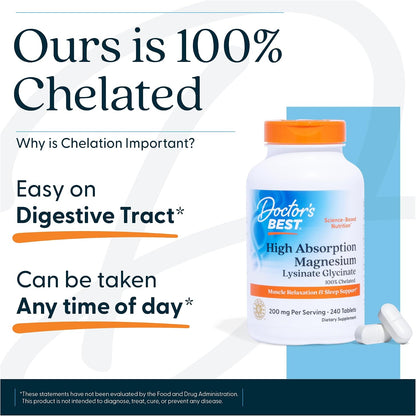 Doctor's Best High Absorption Magnesium Glycinate Lysinate Supplement for Sleep Support - Chelated Magnesium Tablets for Women & Men, 200mg per Serving, Supports Calm & Relaxation, Vegan - 240 Count Gsupps Australia