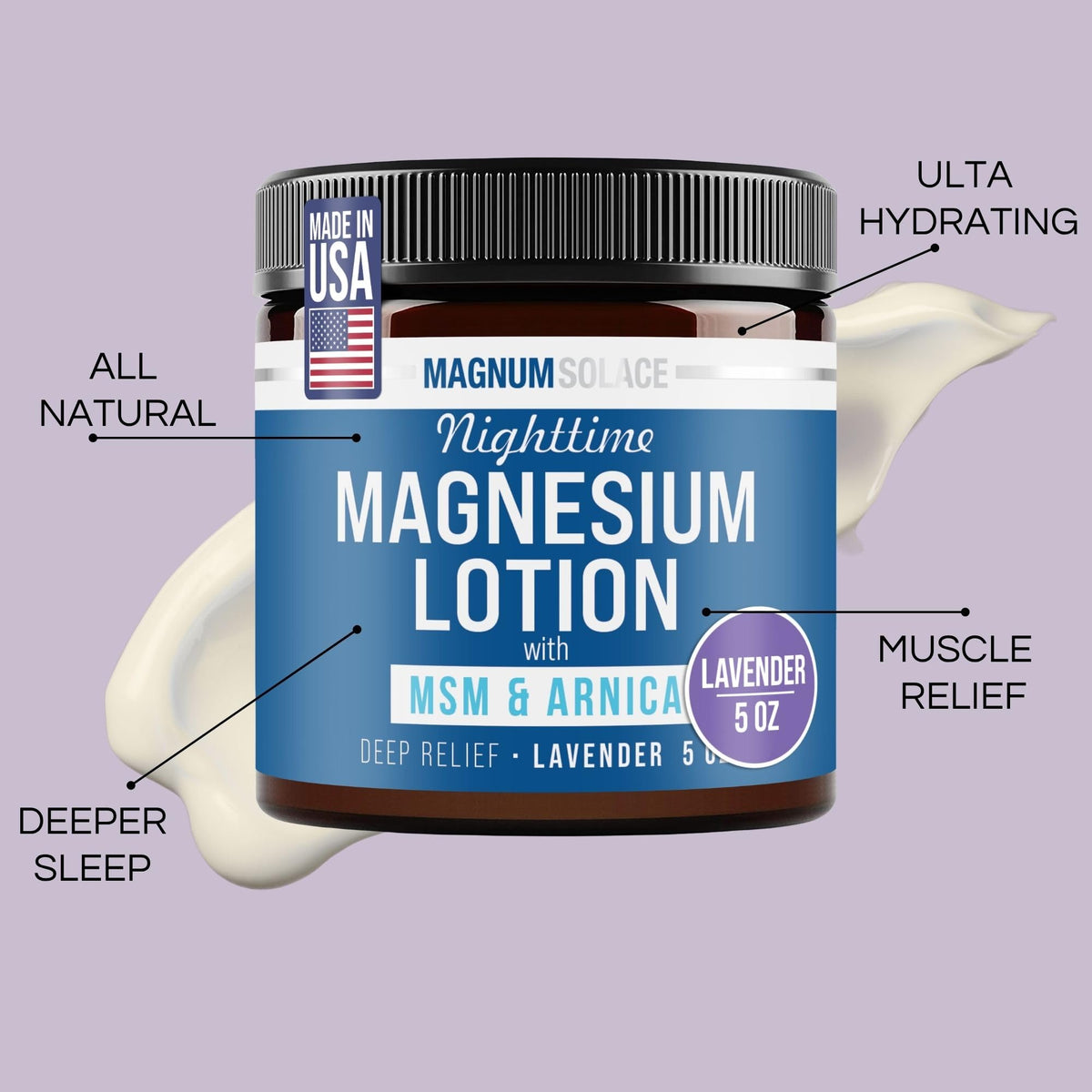 Magnum Solace Nighttime Magnesium Lotion with MSM & Arnica – Highly Concentrated Magnesium for Muscles & Joints – Apply to Legs or Feet Before Bed – Skin-Friendly Magnum Solace
