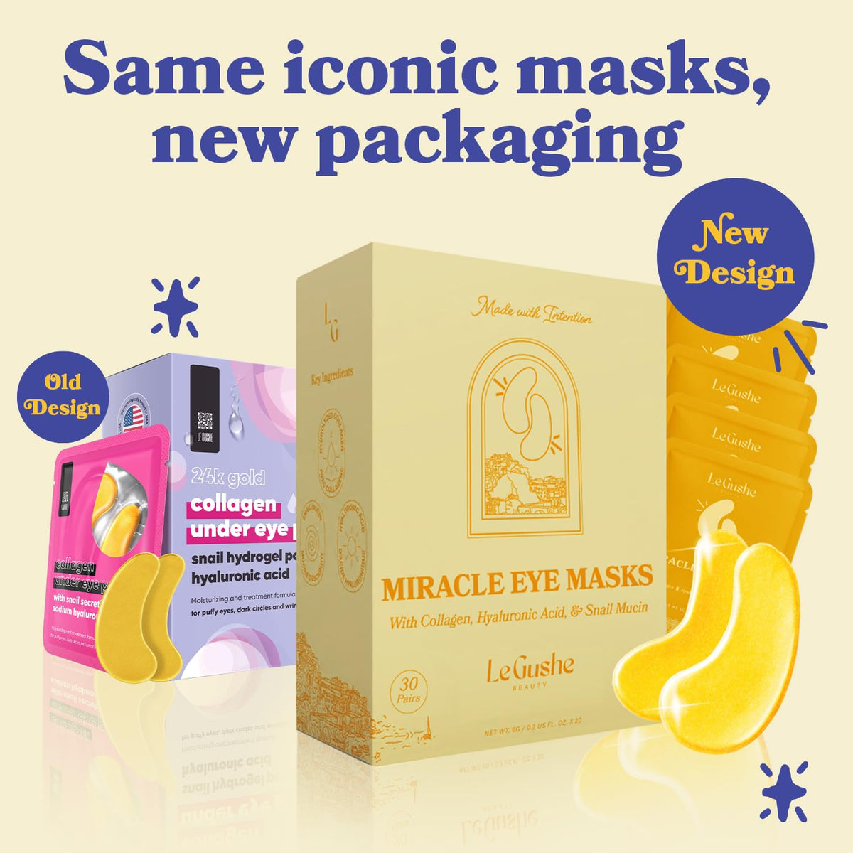 LE GUSHE Gold Under Eye Patches for Puffy Eyes and Dark Circles (30 Pairs) - Hydrating Collagen Under Eye Masks with Snail Mucin - Soothing Puffy Eyes Treatment for Women & Men - Bridesmaid Gifts LE GUSHE