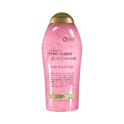 OGX Sensitive + Rose Water & Pink Sea Salt Exfoliating Body Scrub + Rose Quartz, Gentle Exfoliating Daily Body Wash Softens Skin OGX