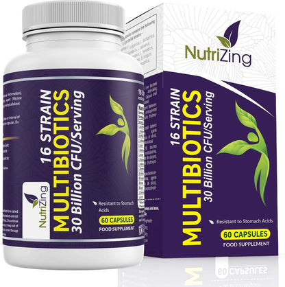 NutriZing Vegan Probiotics for Digestive Health - 30 Billion CFU & 16 strains - Bifidobacterium & Lactobacillus Probiotics for Men & Women NutriZing