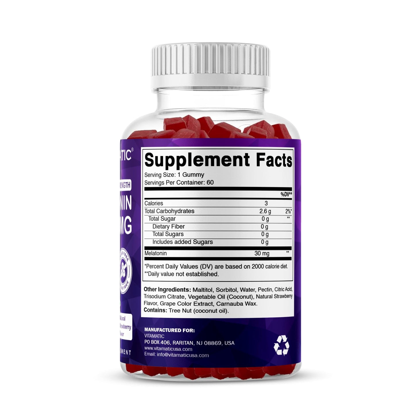 Vitamatic Sugar Free Melatonin 30mg per Gummy - 60 Servings - 60 Vegetarian Gummies - Non-Habit Forming Supplement (60 Count (Pack of 1)) Vitamatic