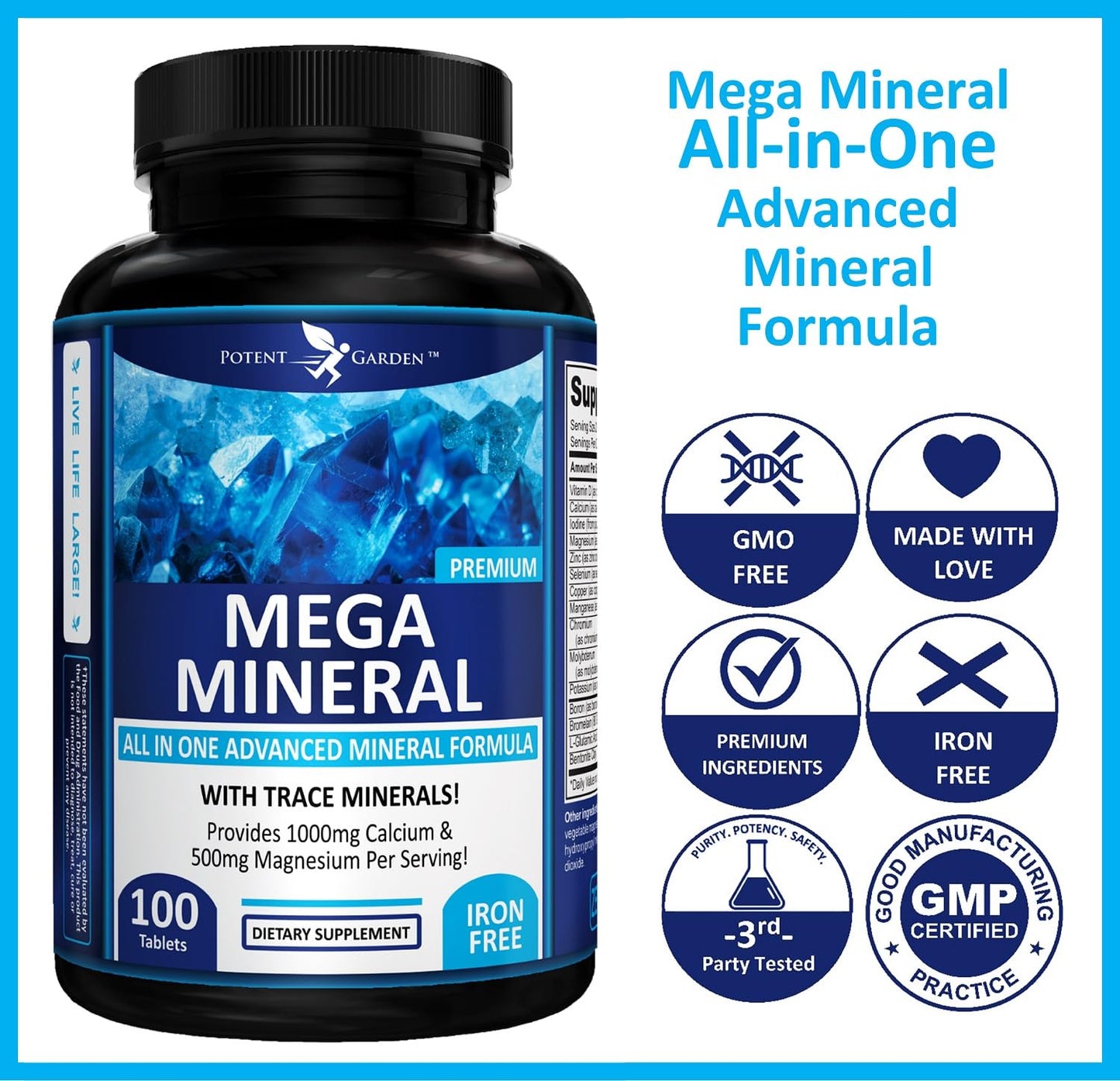 Potent Garden Mega Mineral Supplement Complete Mineral Complex with Calcium Magnesium Zinc Potassium Boron Selenium Chromium & 72 Trace Potent Garden