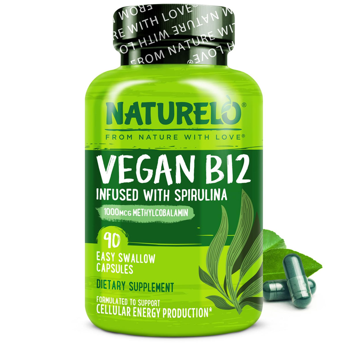 NATURELO Vegan B12 - Methyl B12 with Organic Spirulina - High Potency Vitamin B12 1000 mcg Methylcobalamin - Supports Healthy Mood NATURELO