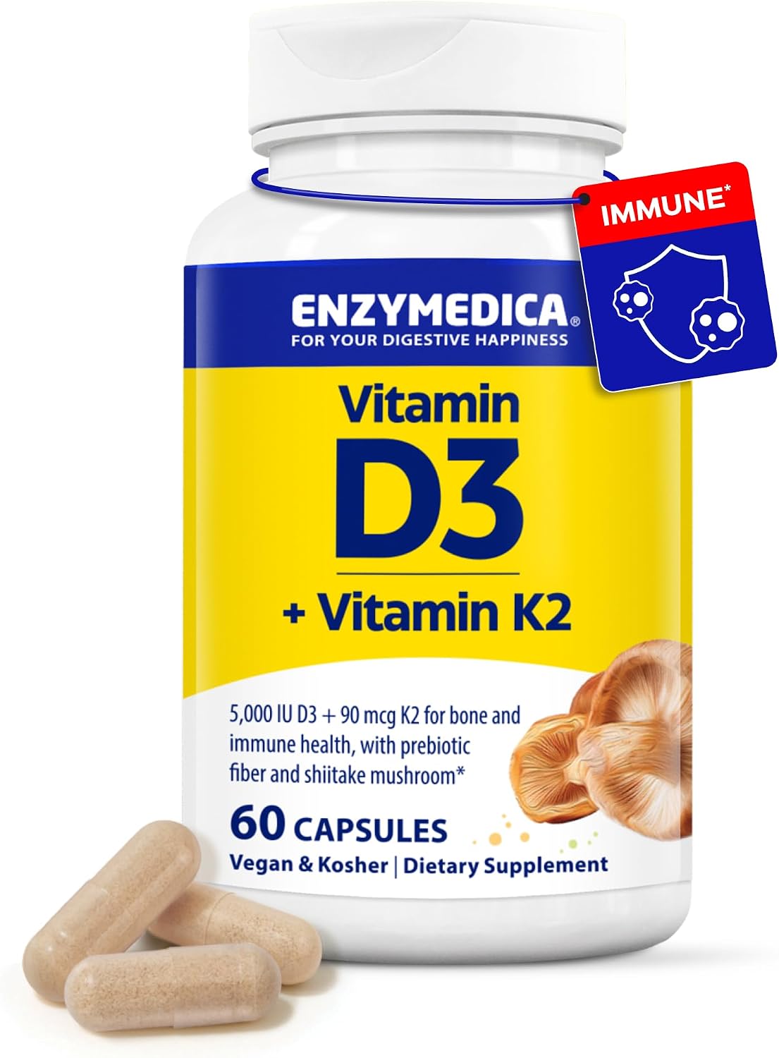 Enzymedica Vitamin D3 and K2 Supplement Caps for Men & Women - VIT D3 5000 IU & VIT K2 MK-7 90 mcg, Immune & Bone Health Support, Features Shitake Mushrooms & Prebiotic Fiber, Vegan - 60 Capsules Gsupps Australia