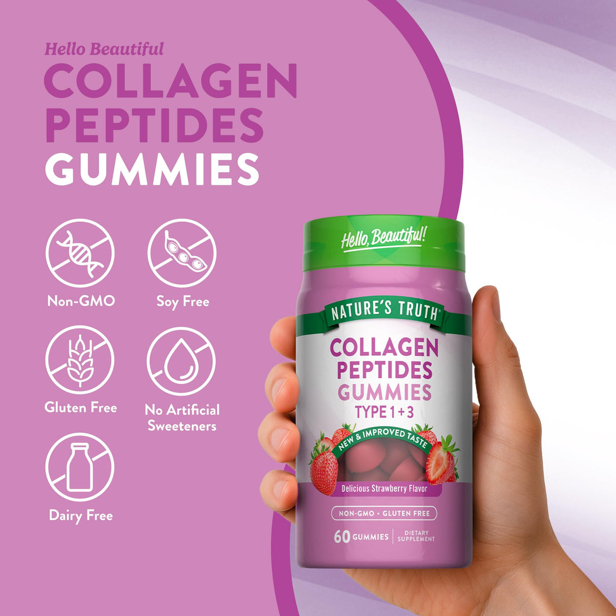 Nature's Truth Collagen Peptide Gummies for Women | 60 Count Type 1 and 3 | Strawberry Flavor Nature's Truth