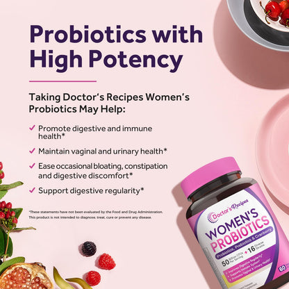 Doctor's Recipes Women's Probiotic, 60 Caps 50 Billion CFU 16 Strains, with Organic Cranberry, Digestive Immune Vaginal & Urinary Health, Shelf Stable Doctor's Recipes