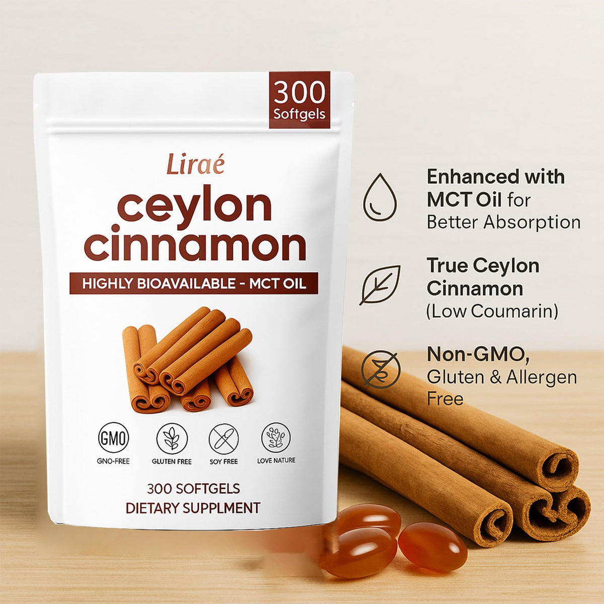 LIRAE Ceylon Cinnamon Softgels with MCT Oil – 300 Softgels – True Ceylon Cinnamon Supplement – Non-GMO, Gluten Free LIRAE