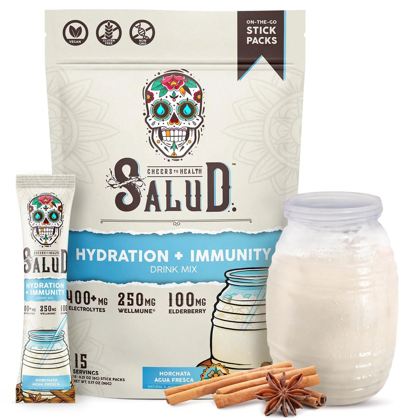 Salud 2-in-1 Hydration Packets + Immunity Electrolytes Powder, Horchata - Agua Fresca Drink Mix, Elderberry, Dairy & Soy Free, Non-GMO, Gluten Free, Vegan Taste Salud