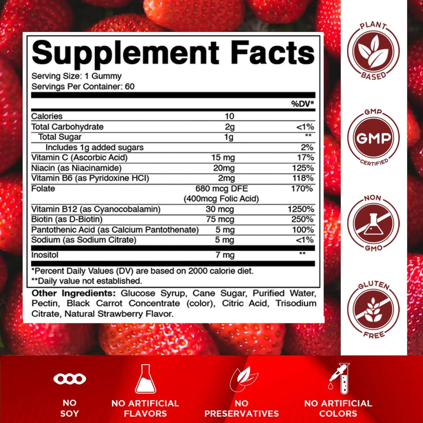 Vitamatic Vitamin B Complex Gummies with Vitamin C & Inositol - Natural Strawberry Flavor - 60 Gummies (1 Bottle) Vitamatic