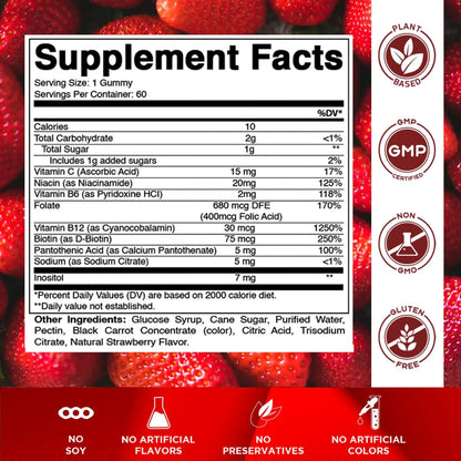 Vitamatic Vitamin B Complex Gummies with Vitamin C & Inositol - Natural Strawberry Flavor - 60 Gummies (1 Bottle) Vitamatic