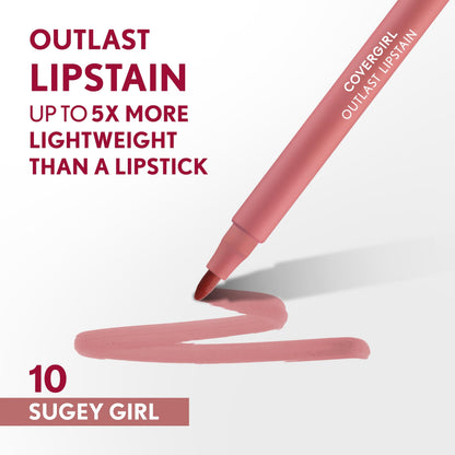 COVERGIRL Outlast, 10 Sugey Girl, Lipstain, Smooth Application, Precise Pen-Like Tip, Transfer-Proof, Satin Stained Finish, Vegan Formula, 0.06oz COVERGIRL