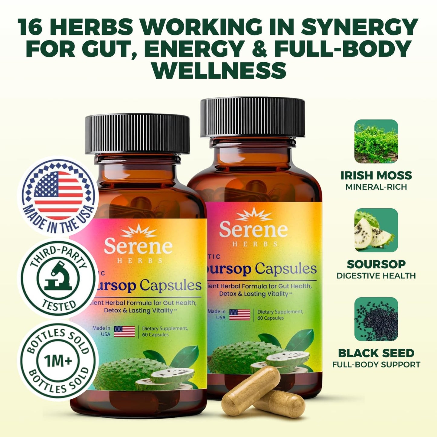 Serene Herbs Graviola Soursop Capsules Organic - Guanabana Extract Pills with Black Seed, Irish Moss & Moringa - 16 Herb Daily Supplements & Digestive Support - Vegan, Non-GMO (Pack of 1)