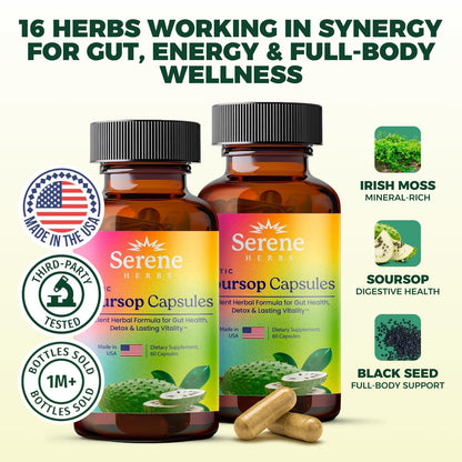 Serene Herbs Graviola Soursop Capsules Organic - Guanabana Extract Pills with Black Seed, Irish Moss & Moringa - 16 Herb Daily Supplements & Digestive Support - Vegan, Non-GMO (Pack of 1)