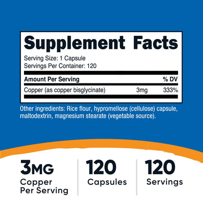 Nutricost Copper Glycinate Capsules (120 Capsules, 3MG Copper per Serving) - Non GMO, Vegan Nutricost