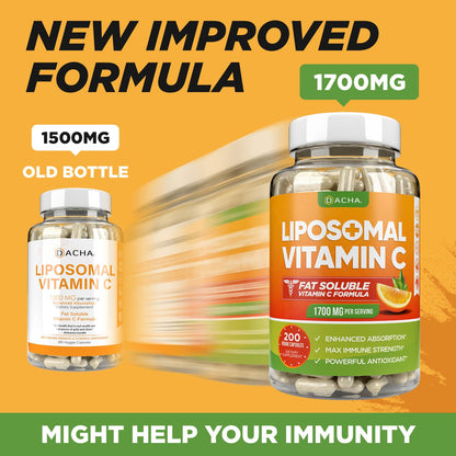 DACHA Natural Liposomal Vitamin C - 1700mg, 200 Capsules, Immune System & Collagen Booster, High Absorption Fat Soluble VIT C DACHA