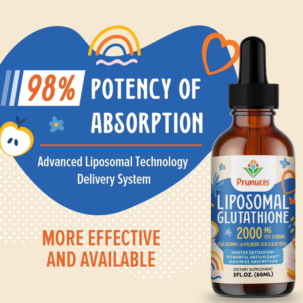 Prunucis 2000MG Liposomal Glutathione Liquid, 98% Absorption, Active Form L-Glutathione Supplement, Prunucis