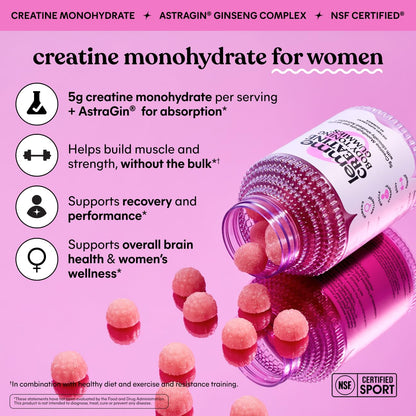 Lemme Creatine Monohydrate Gummies for Women and Men, 5g Dose to Support Lean Muscle, Strength, Recovery, Cognitive Health, w/Ginseng for Absorption, Sour Strawberry, NSF Certified, 60 Gummies