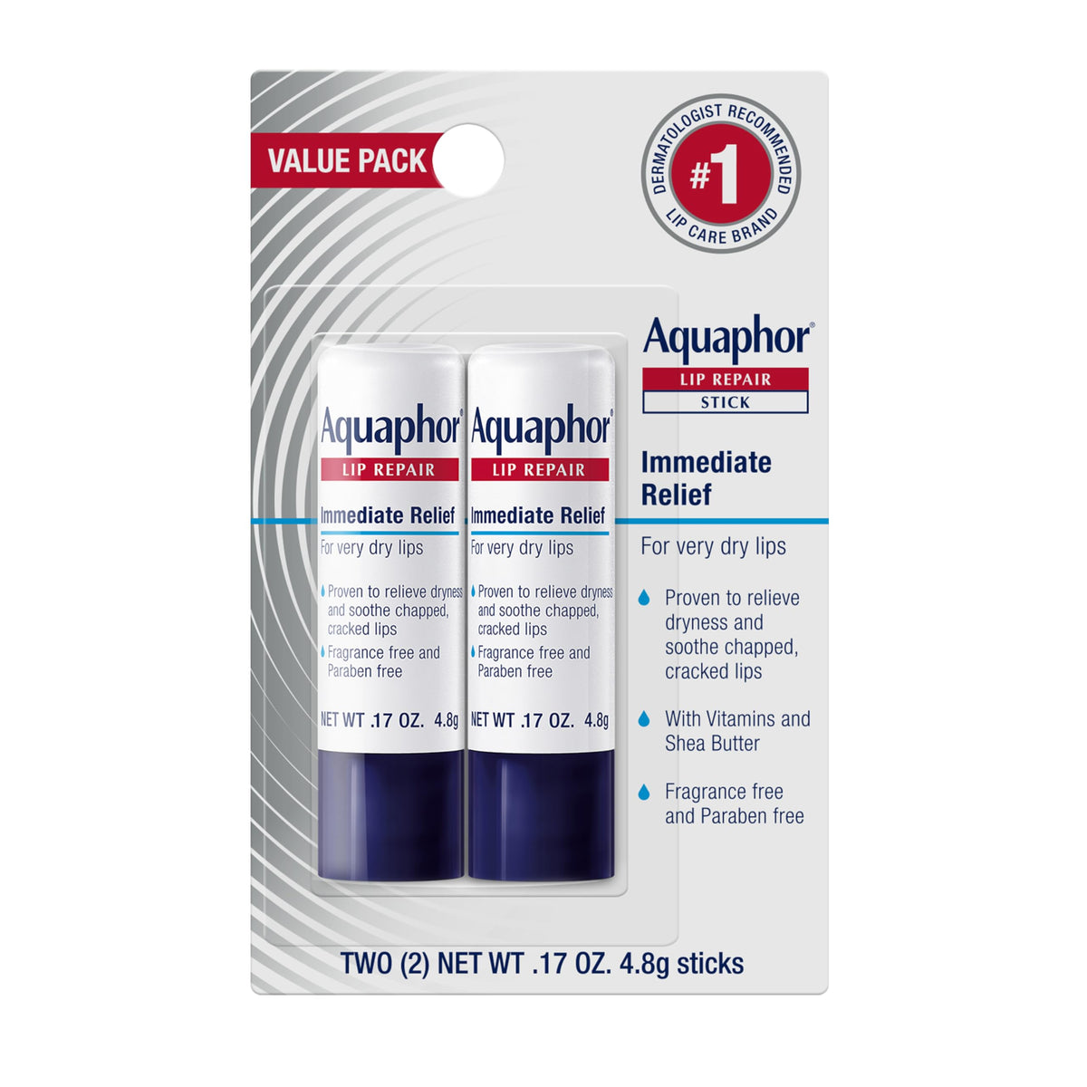 Aquaphor Lip Repair Stick, Moisturizing Lip Balm Pack, Relieves Dryness, 0.17 Oz Stick, Pack of 2 Aquaphor
