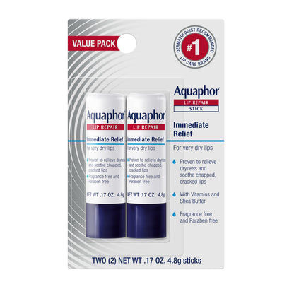 Aquaphor Lip Repair Stick, Moisturizing Lip Balm Pack, Relieves Dryness, 0.17 Oz Stick, Pack of 2 Aquaphor