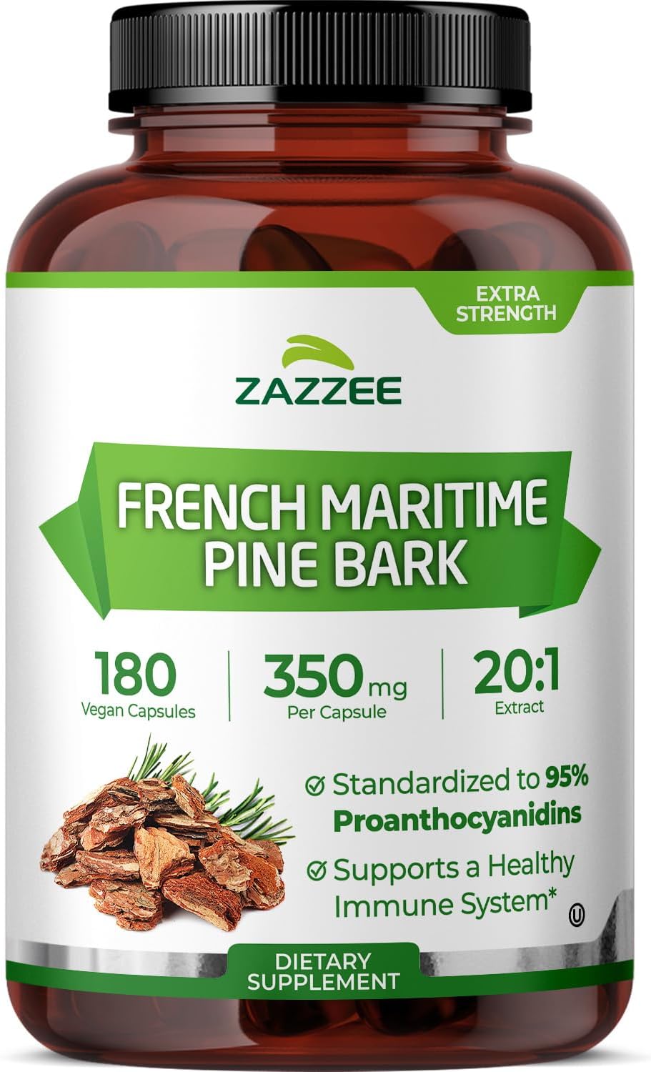 Zazzee Extra Strength French Maritime Pine Bark Extract 20:1, 180 Capsules | 350 mg Per Capsule, 95% Proanthocyanidins, Vegan, 6 Month Supply, Certified Kosher, Antioxidant Support, Non-GMO, Made in USA Gsupps Australia
