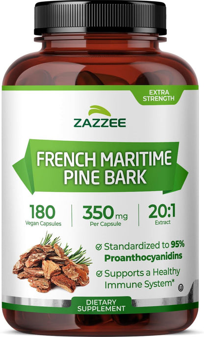 Zazzee Extra Strength French Maritime Pine Bark Extract 20:1, 180 Capsules | 350 mg Per Capsule, 95% Proanthocyanidins, Vegan, 6 Month Supply, Certified Kosher, Antioxidant Support, Non-GMO, Made in USA Gsupps Australia