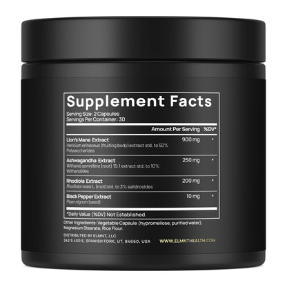 16x Strength Lions Mane Supplement Capsules Super Nootropic w. Ashwagandha & Rhodiola - Highest Potency 16:1 Lion's Mane Mushroom Extract 50% Polysaccharides TERRA ELMNT