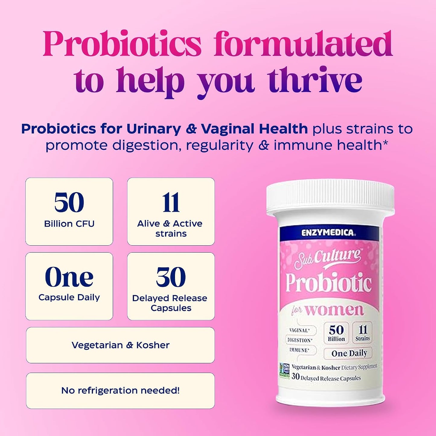 Enzymedica SubCulture Probiotic Supplement for Women - Women's Probiotic for Vaginal & Urinary Health Support, 50 Billion CFU, Supports Immune & Gut Health, Microbiome Balance, Vegetarian - 30 Caps Gsupps Australia