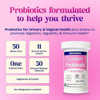 Enzymedica SubCulture Probiotic Supplement for Women - Women's Probiotic for Vaginal & Urinary Health Support, 50 Billion CFU, Supports Immune & Gut Health, Microbiome Balance, Vegetarian - 30 Caps Gsupps Australia