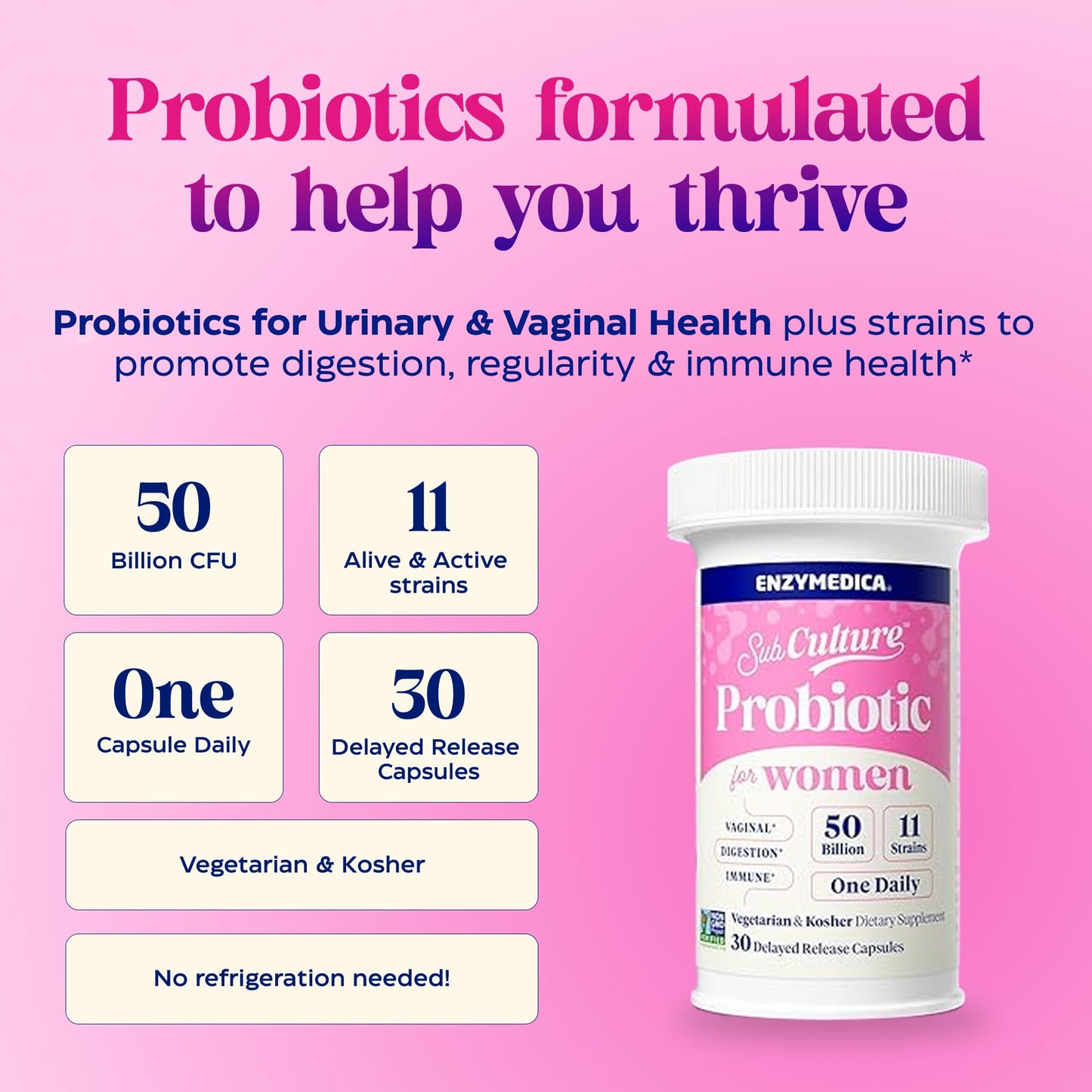 Enzymedica SubCulture Probiotic Supplement for Women - Women's Probiotic for Vaginal & Urinary Health Support, 50 Billion CFU, Supports Immune & Gut Health, Microbiome Balance, Vegetarian - 30 Caps Gsupps Australia
