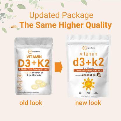 Micro Ingredients Vitamin D3 2,000 IU + K2 MK-7 50 mcg, 300 Softgels | Virgin Coconut Oil | 2-in-1 Support | Easy to Swallow, Non-GMO Micro Ingredients