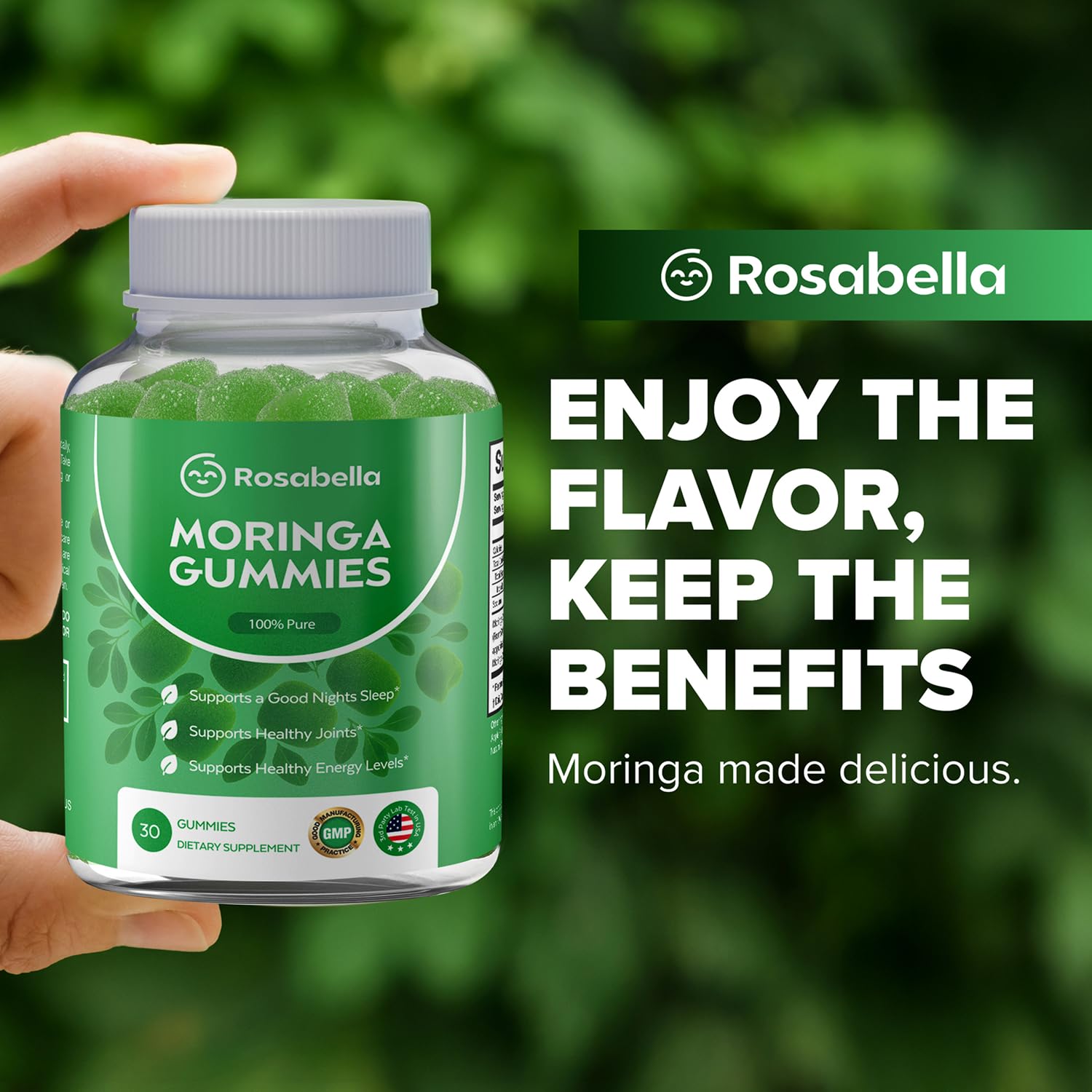 Rosabella Moringa Gummies – Moringa Leaf Extract 1000mg Equivalent Per Serving – Natural Energy & Balance – Non-GMO, Gluten-Free Superfood