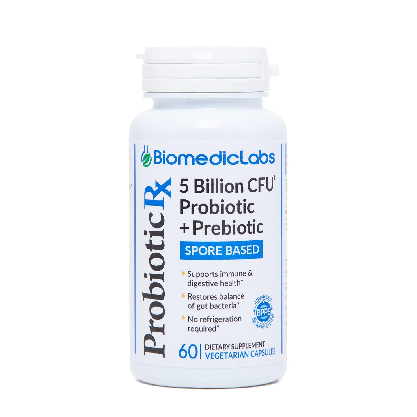 Probiotic Rx: 5 Billion CFU – Probiotic + Prebiotic - Spore-Based – 60-Day Supply - SBO - Supports Immune & Gut Health - Soil-Based Organisms - No Refrigeration Required Biomedic Labs RX