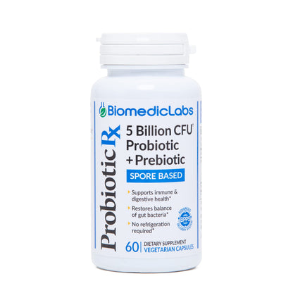 Probiotic Rx: 5 Billion CFU – Probiotic + Prebiotic - Spore-Based – 60-Day Supply - SBO - Supports Immune & Gut Health - Soil-Based Organisms - No Refrigeration Required Biomedic Labs RX