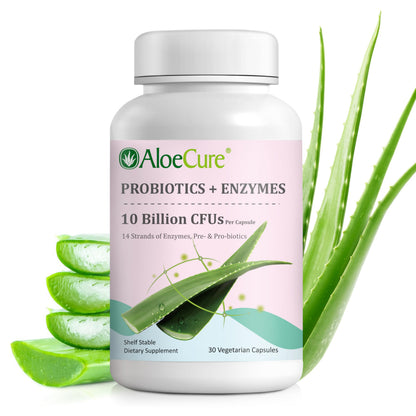 AloeCure Daily Probiotics 10 Billion CFU for Digestive Support 8 Strains, 6 Prebiotics & Enzymes - Digestive Supplement with Bromelain for Women & Men AloeCure