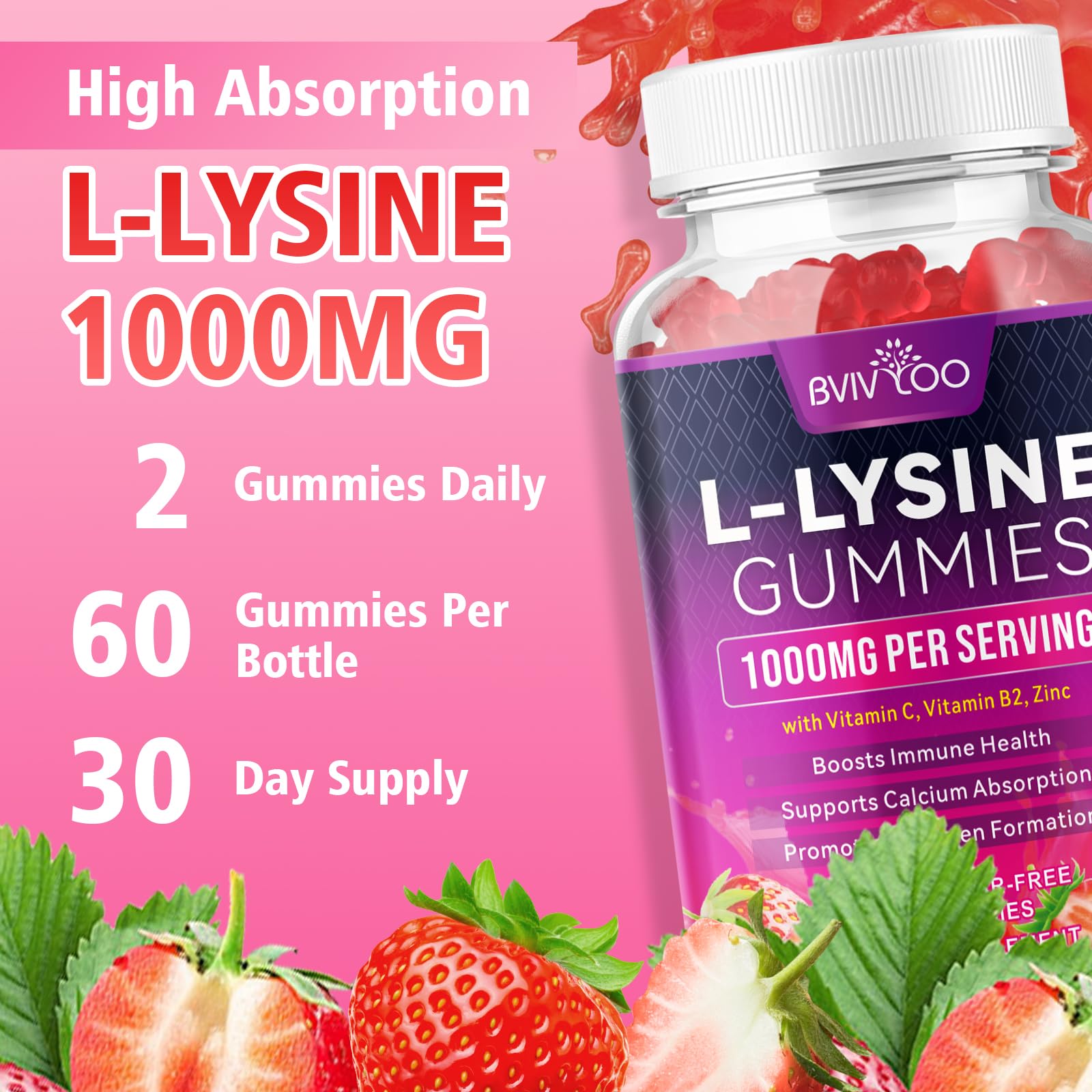 BVIVLOO L-Lysine 1000mg Gummies for Immune Support & Skin Health - High Potency Vegan Gummies, Sugar-Free, Natural Berry Flavor, Gluten-Free Chewable Supplement BVIVLOO buy australia supplements