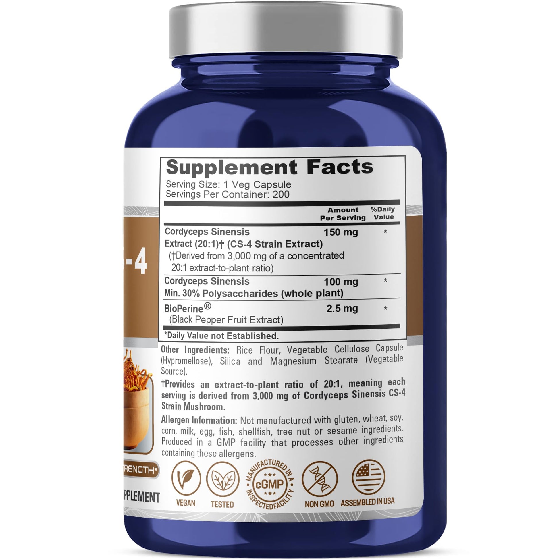 NusaPure Cordyceps 20:1 Extract, 150 mg Equivalent to 3,000mg 200 Veggie Capsules (Sinensis CS-4, Non-GMO, Vegan) Bioperine NusaPure buy australia supplements