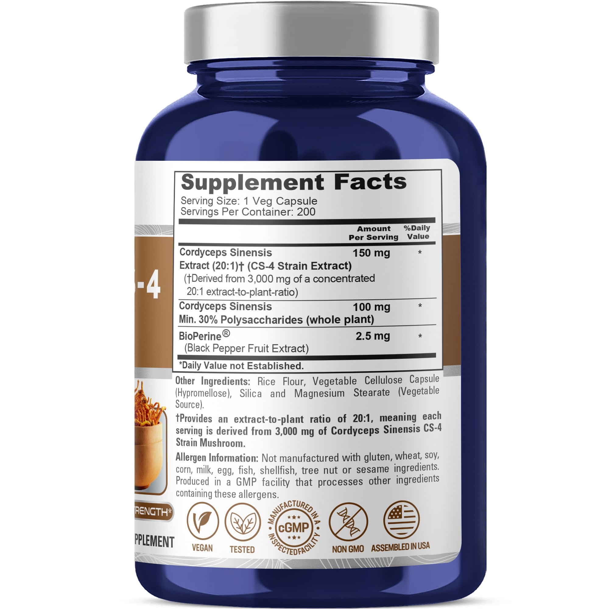 NusaPure Cordyceps 20:1 Extract, 150 mg Equivalent to 3,000mg 200 Veggie Capsules (Sinensis CS-4, Non-GMO, Vegan) Bioperine NusaPure buy australia supplements