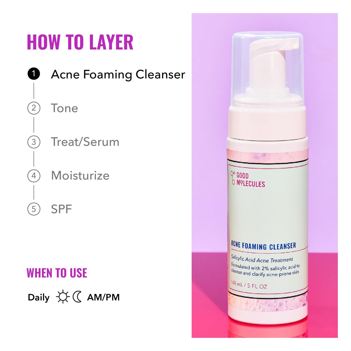 Good Molecules Acne Foaming Cleanser, 2% Salicylic Acid, 5 fl oz Good Molecules