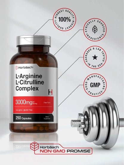 Horbäach L-Arginine L-Citrulline Complex | 3000mg | 250 Capsules | Non-GMO, Gluten Free Supplement Horbäach