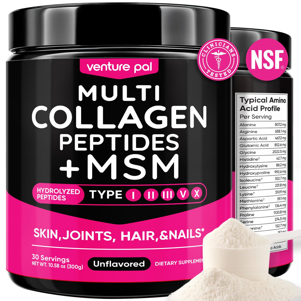 Venture Pal Multi Collagen Powder Type I, II, III, V, X – Hydrolyzed Collagen Peptides MSM, GC, Hyaluronic Acid Vitamin C | Collagen Supplement for Women Venture Pal