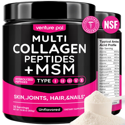 Venture Pal Multi Collagen Powder Type I, II, III, V, X – Hydrolyzed Collagen Peptides MSM, GC, Hyaluronic Acid Vitamin C | Collagen Supplement for Women Venture Pal