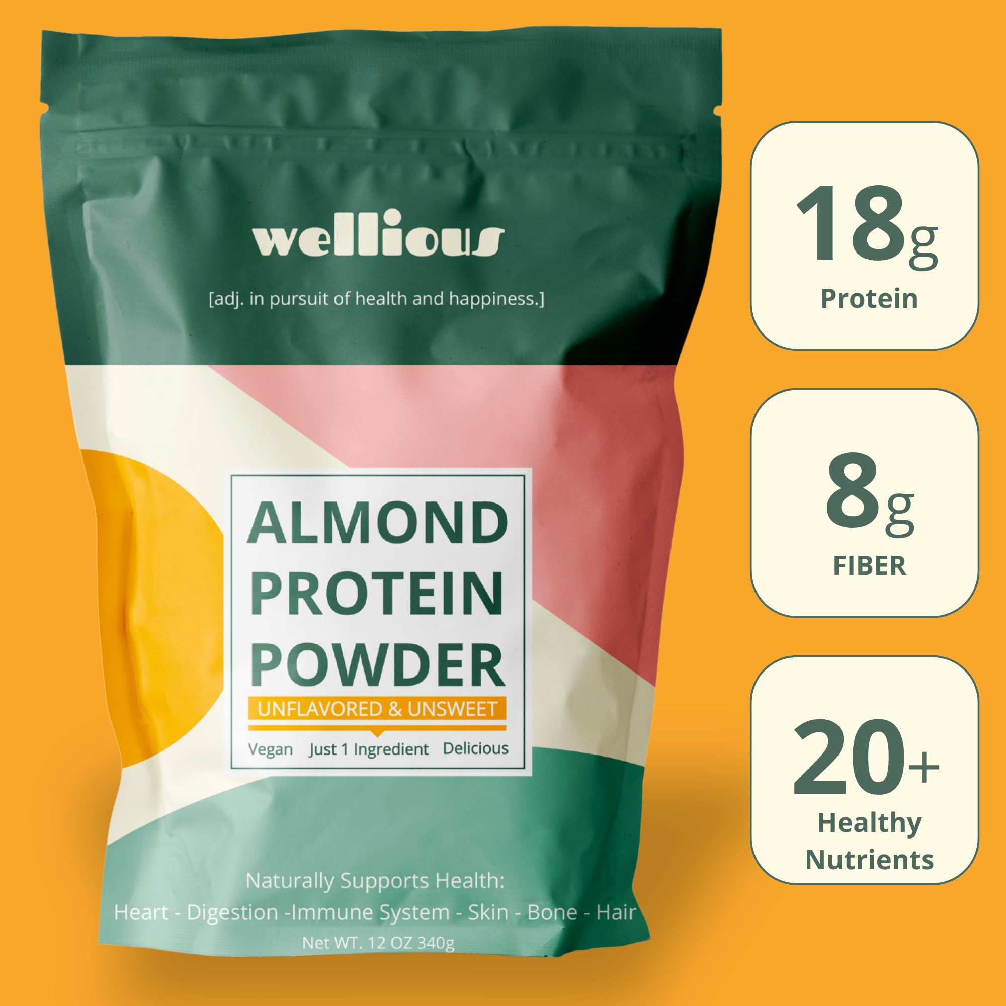 wellious Almond Protein Powder (Unflavored, Unsweetened) - 18 Grams of Pure Healthiest Vegan Protein for Women & Men | Soy-Free & Gut Friendly Protein wellious buy australia supplements