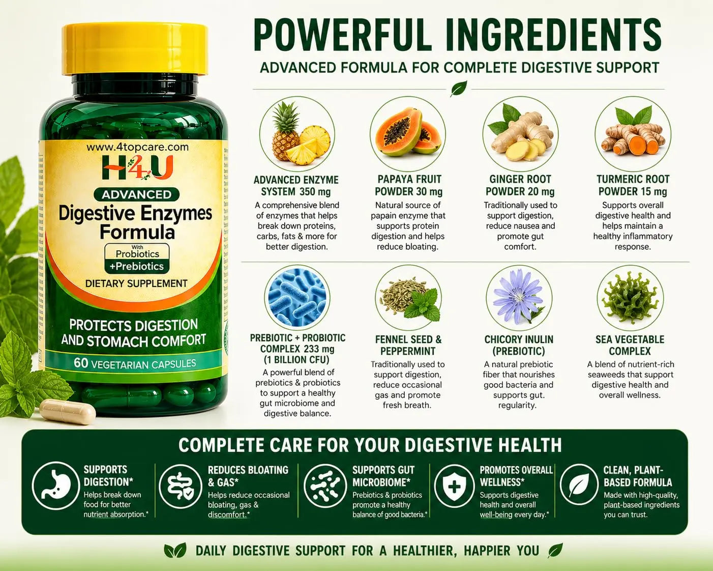 H4U Advanced Digestive Enzymes with Probiotics & Prebiotics – Multi Enzyme Supplement for Gut Health, Digestion Support, Bloating Relief & Stomach Comfort, H4U