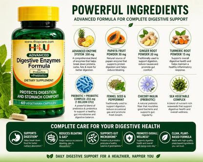 H4U Advanced Digestive Enzymes with Probiotics & Prebiotics – Multi Enzyme Supplement for Gut Health, Digestion Support, Bloating Relief & Stomach Comfort, H4U