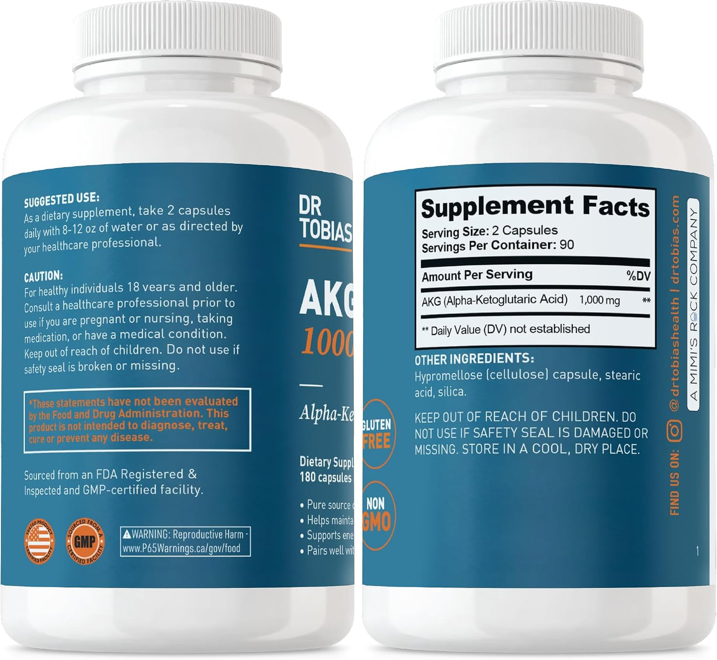 Dr. Tobias AKG Supplement 1000mg Bioavailable Alpha Ketoglutaric Acid | Cellular Energy & Nitric Oxide Flow | Vegan, Gluten-Free, Non-GMO | 180 Capsules 90 Servings