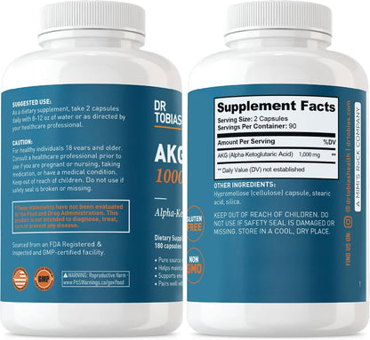 Dr. Tobias AKG Supplement 1000mg Bioavailable Alpha Ketoglutaric Acid | Cellular Energy & Nitric Oxide Flow | Vegan, Gluten-Free, Non-GMO | 180 Capsules 90 Servings