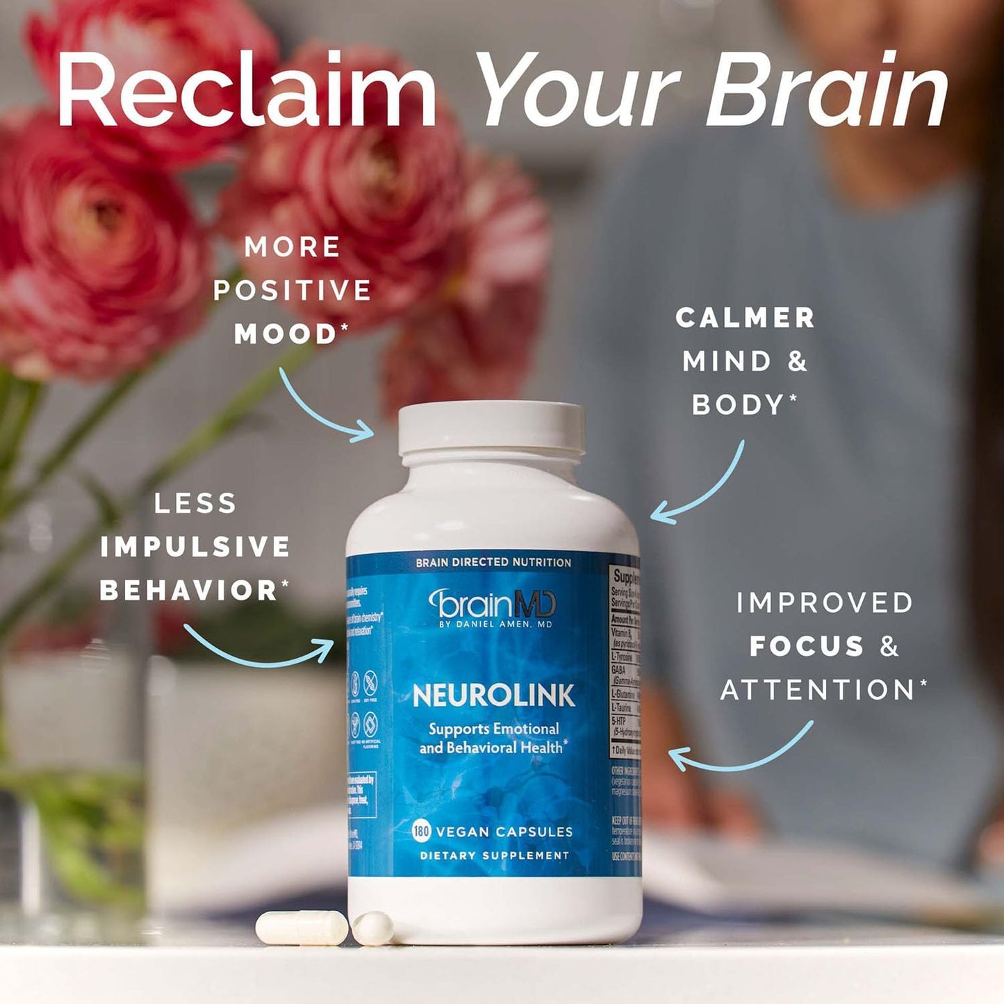 BRAINMD Dr Amen NeuroLink - 180 Capsules - Promotes Optimal Brain Function, Focus & Concentration - Gluten Free - 45 Servings